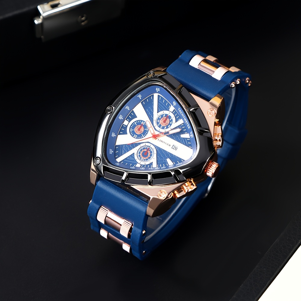 3pcs Set Men'S Quartz Watches with Silicone Strap & Date Display - Classic Triangular Dial, & Golden-Tone Case, Non-Rechargeable Battery, Casual & Sporty Wear