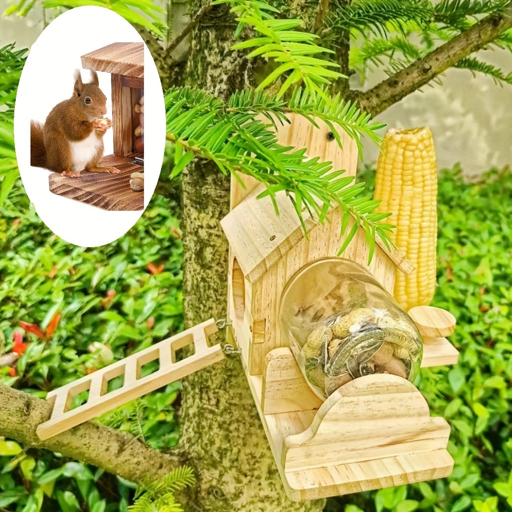 

Squirrel Feeder House With Glass Food Jar - Sturdy Wooden Picnic Table Shelter, Corn Cob Holder & Easy-access Ladder For Squirrels