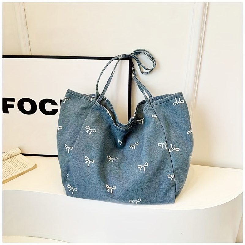 E-shop Stylische Damen Canvas Schultertasche mit süßer Schleife, vielseitige Tragetasche, großes Fassungsvermögen für den