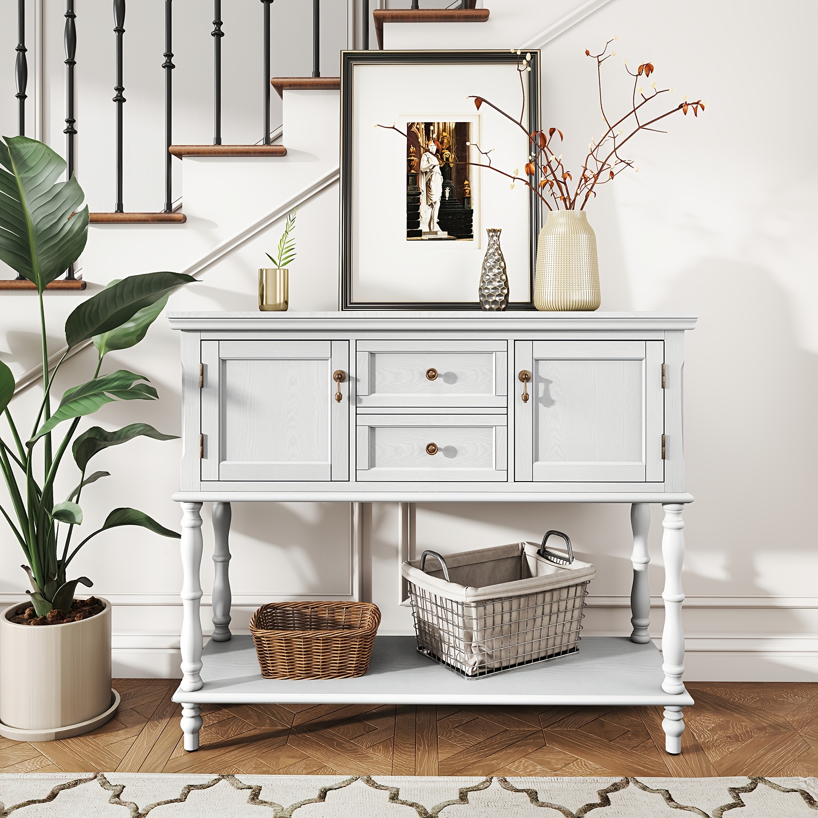 Console Table With 2 Drawers 2 Doors, 2-tier Sofa Table With Solid Wood Legs, Retro Entryway Table With Storage For Hallway, Living Room, Foyer, Dining Room