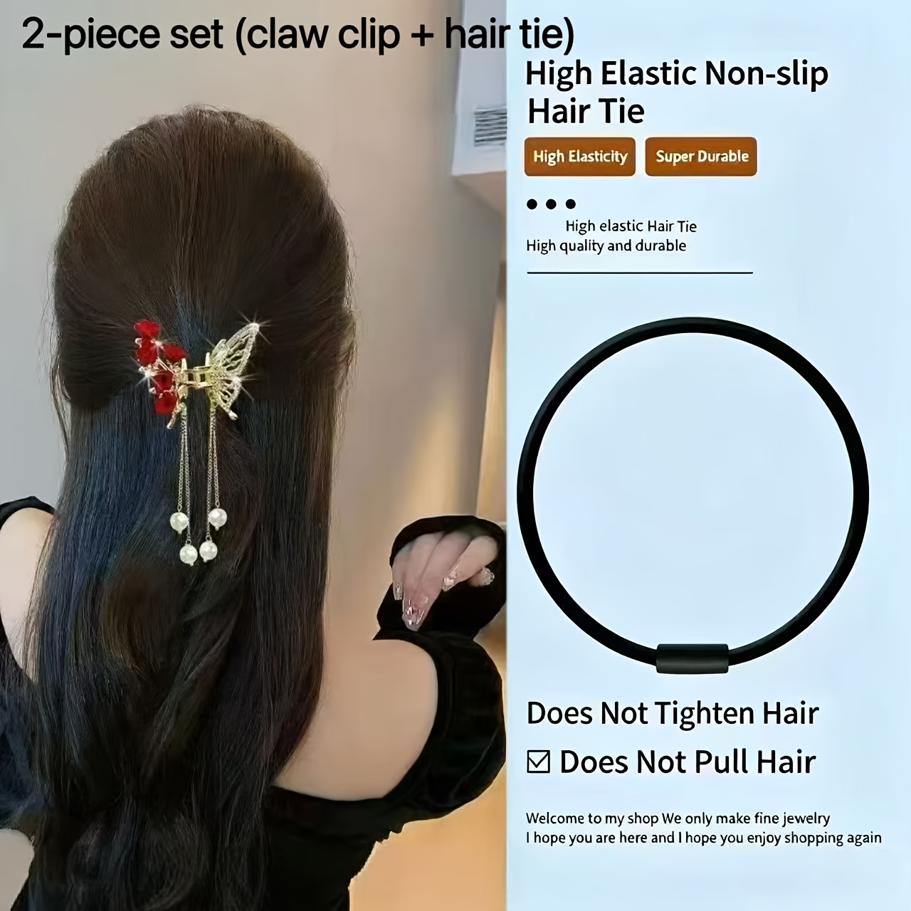 TEMU 2pcs Set [1pc Tassel Hair Claw And 1pc High-elastic Hair Tie], Bellflower/flocking Flower Rhinestone Shark Clip, Elegant Hair Accessory Kit