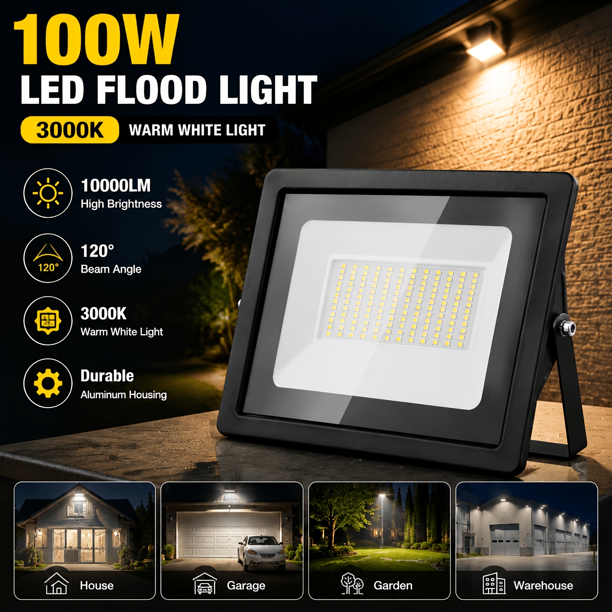 Image of 1pc/3pcs/6pcs 100w Led Flood Lights, Led Spotlights, 3000k Warm White Light, Aluminum Housing, Glass Panel, Suitable For Yard, Garage, And Entrance Lighting