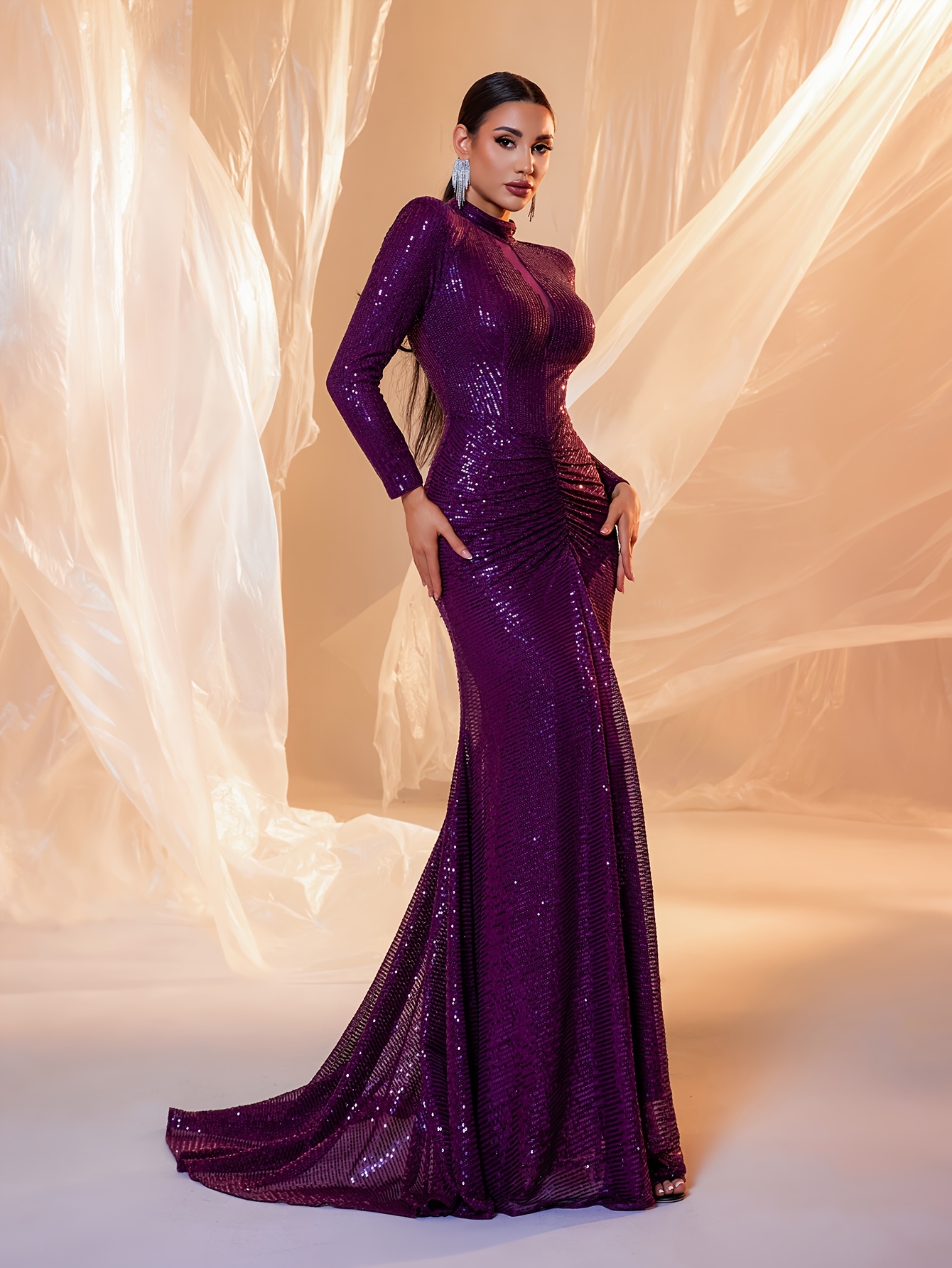 purple long sleeve round neck sequined irregular floor - Temu Oman