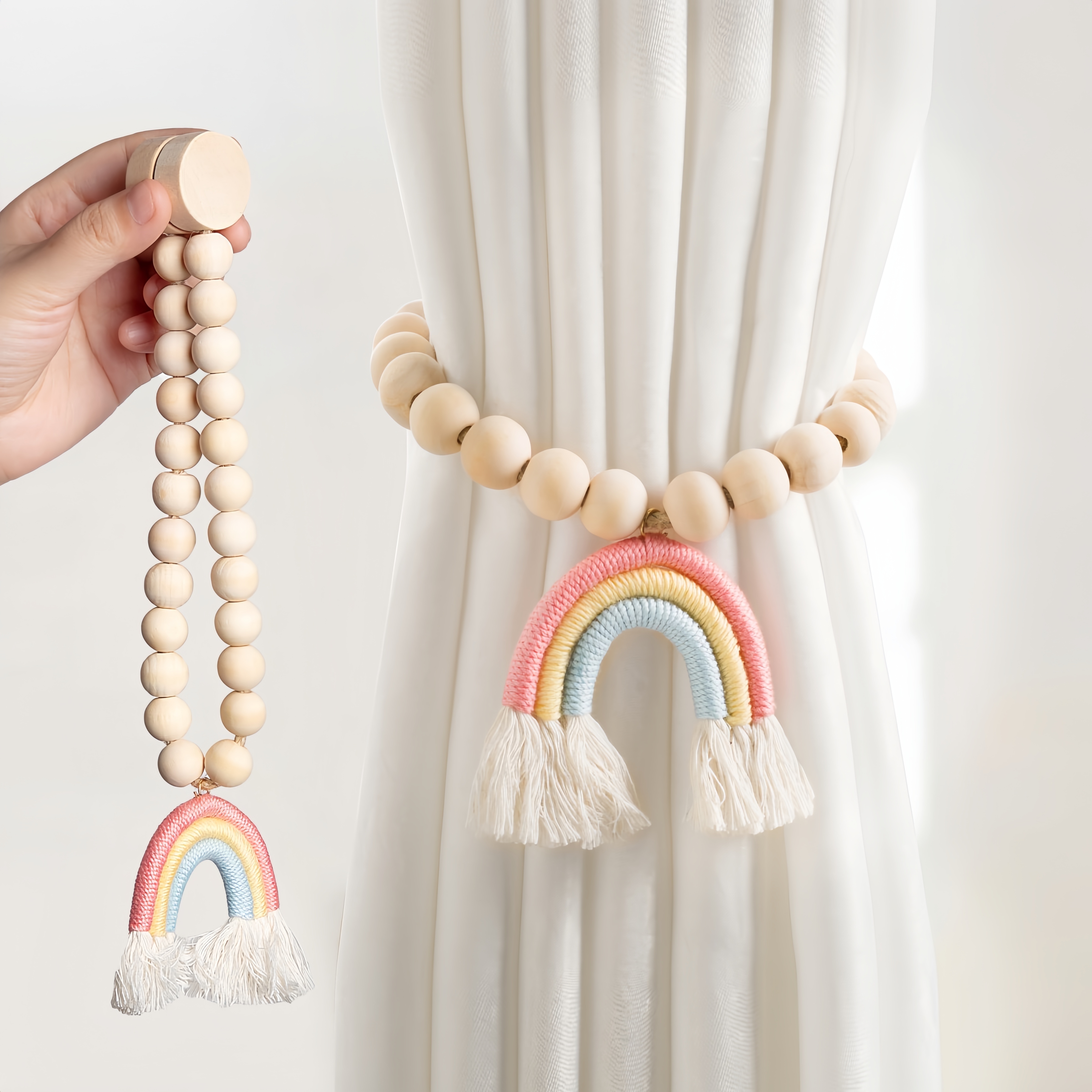 

1pc Magnetic Wooden Bead Tieback With Rainbow Tassel - , Stylish Polyurethane Home Decor For Living Room, Bedroom