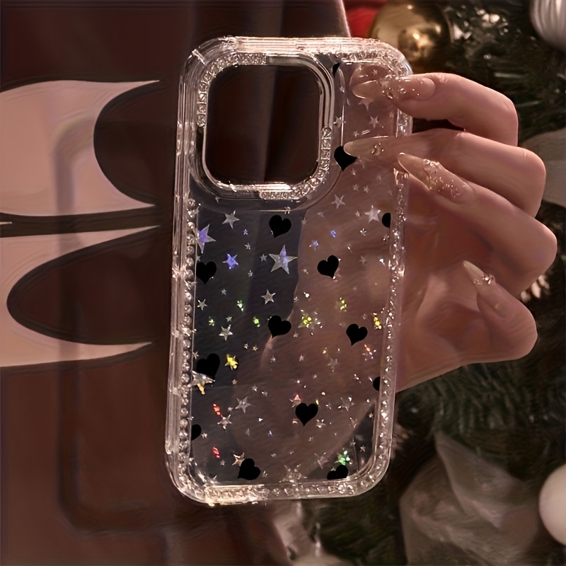 TEMU Phone Case: 1pc Fashionable Heart-shaped Luxury Rhinestone Phone Case, Transparent Sparkling Rhinestone Border , Drop-proof Case, Full-coverage