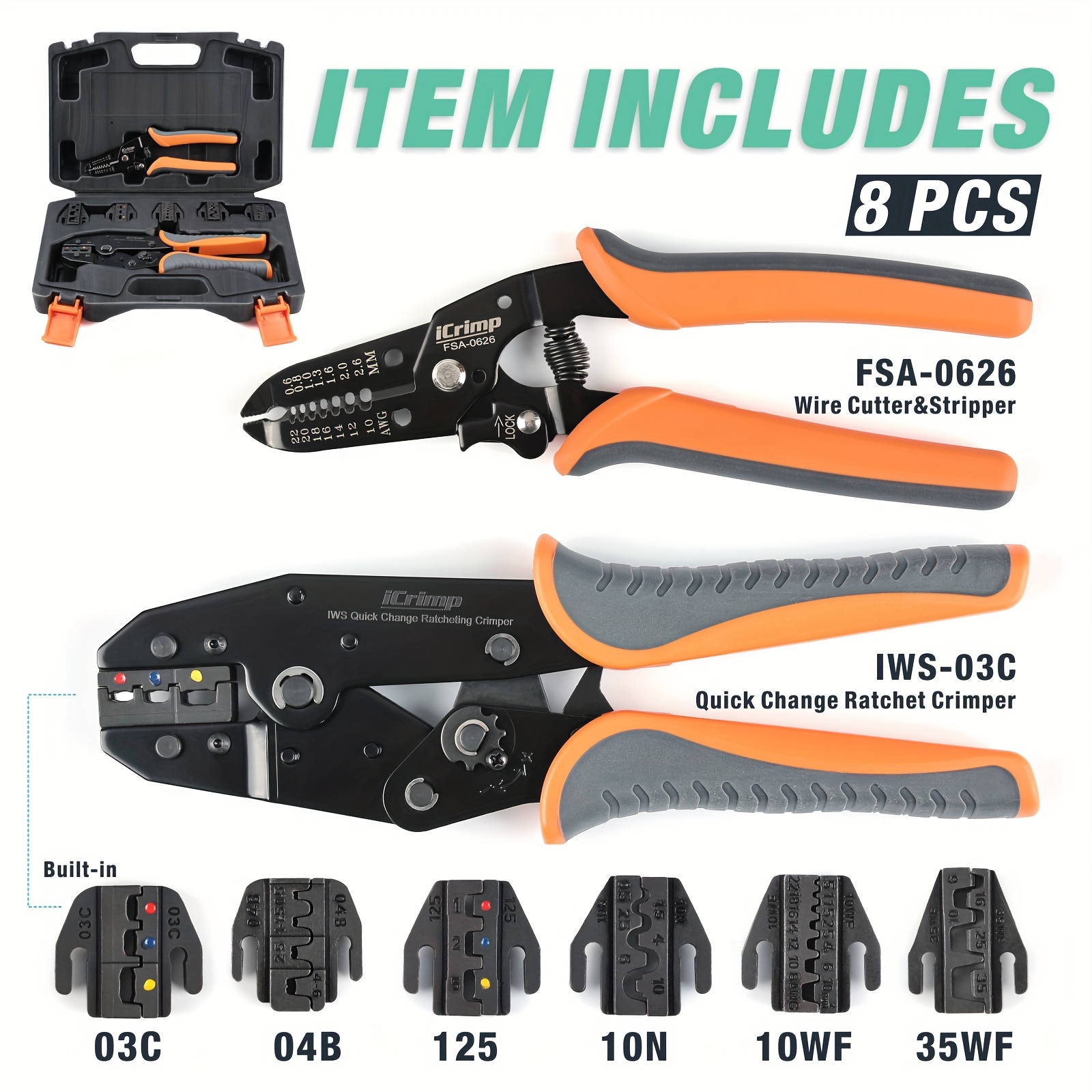 8pcs ICrimp Ratcheting Crimping Tool Set - Quick Exchange Jaw For Heat  Shrink, Open Barrel, Insulated And Non-Insulated Ferrules AWG 20-2