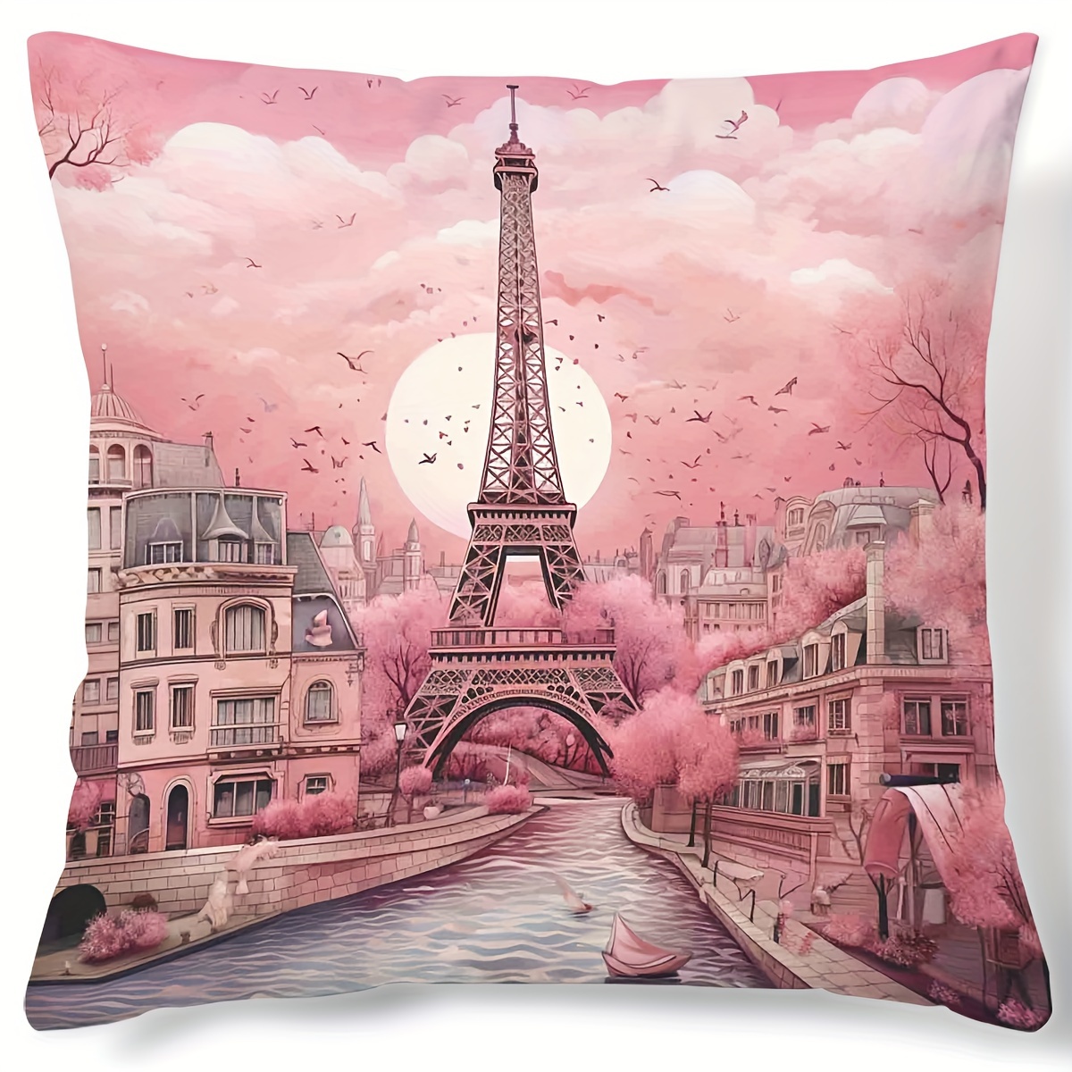 

1pc Contemporary Style Floral Eiffel Tower Digital Print Throw Pillow Cover, Paris Themed Home Decor Cushion Case, Pink Sunset Romantic Scene, For Sofa Living Room Bedroom (18x18 Inches)