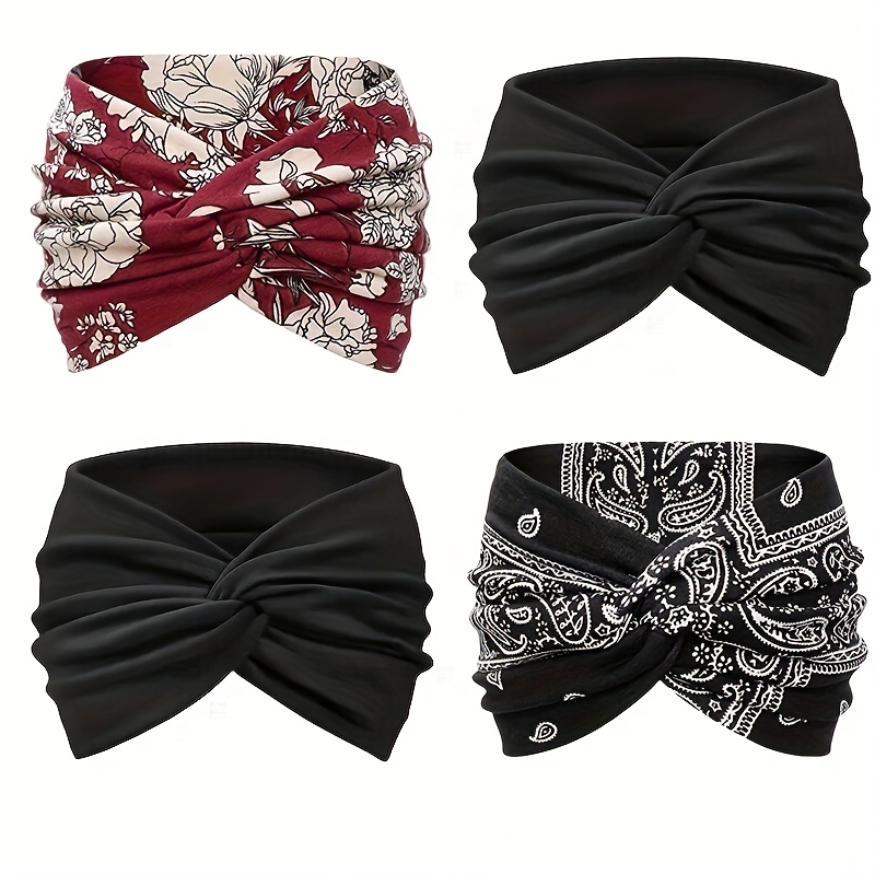 Image of 4pcs Women's Bohemian Headbands - Twist , Solid Color With Bow And Leopard/animal Print, Breathable Polyester For Yoga, Running, Workouts And Casual Wear