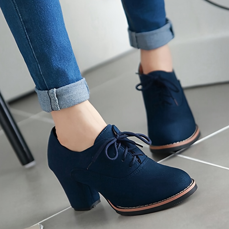 Women's Solid Color Elegant Pumps, Chunky Heel Lace-Up Shoes, Round Toe Daily Footwear