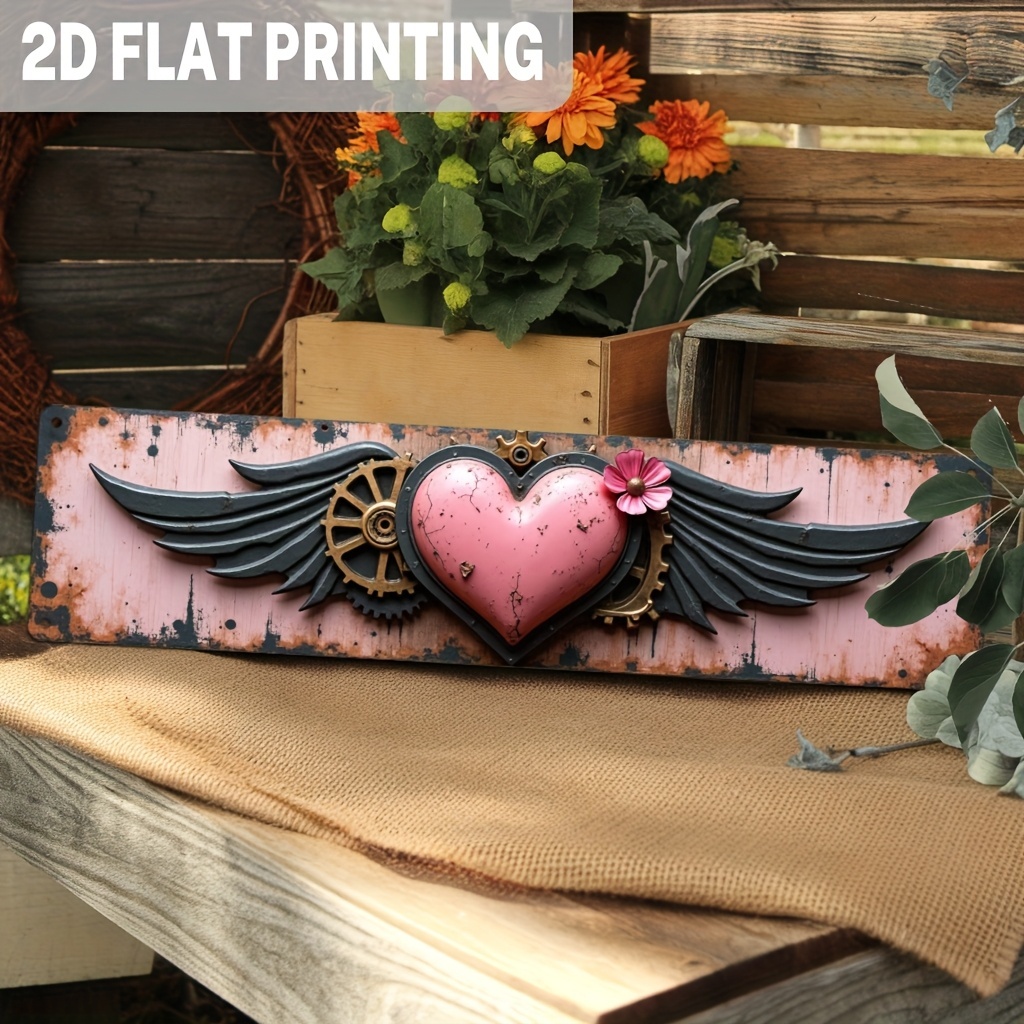 TEMU 2d Flat, 1pc Steampunk Love Wall Decor - Victorian Iron Metal Sign With Black & Gearwheel Pink Flower, Vintage Romantic Wall Art Suitable For