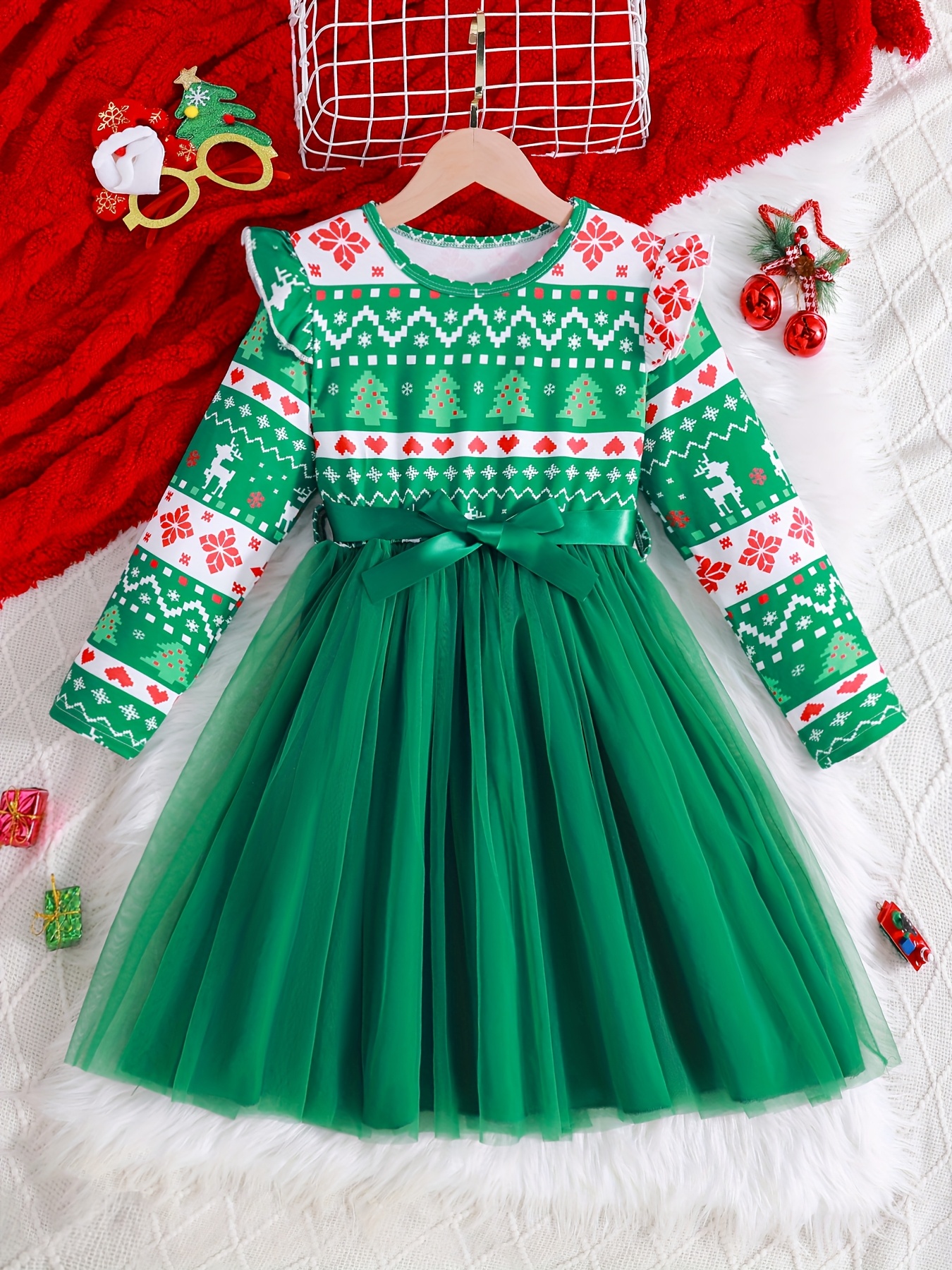 green reindeer dress girls christmas tree print ruffle sleeve tie 2 in 1 Modest Gown
