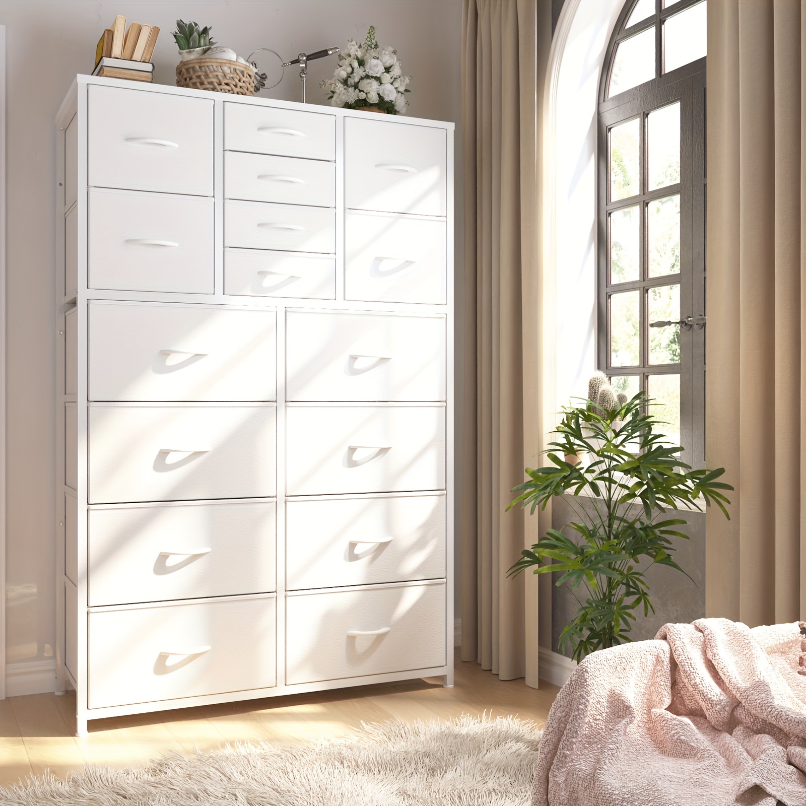 

White Dresser For Bedroom With 16 Drawers, White Tall Dressers For Bedroom With Wooden Top And Metal Frame, White Dressers & Chest Of Drawers For Bedroom, Closet, Nursery, Bedroom, White