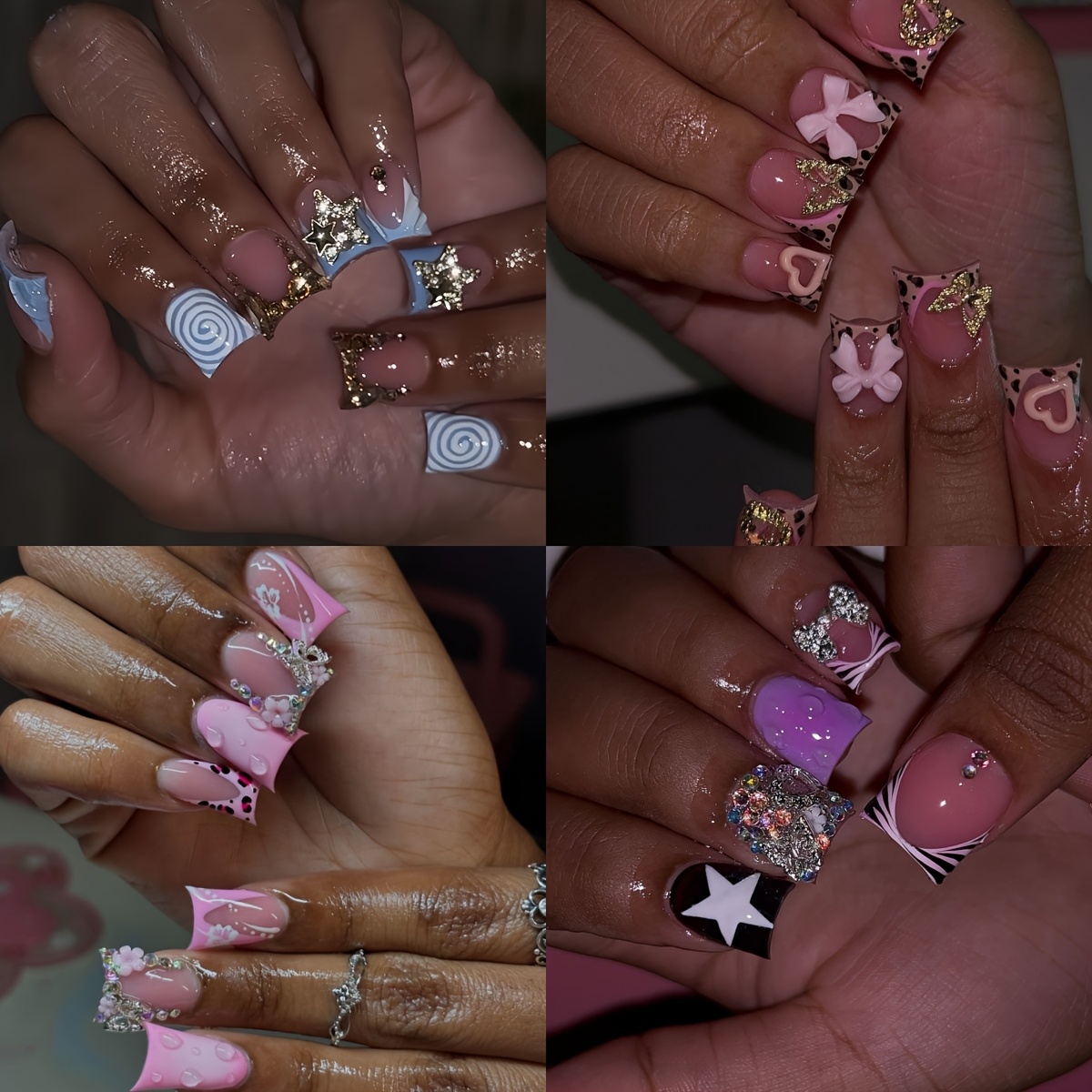 TEMU 96pcs Shaped Long Press-on Nail Set, , Mixed , With Heart & Glitter Patterns, 3d Rhinestones, Butterflies & Bows, For & Parties