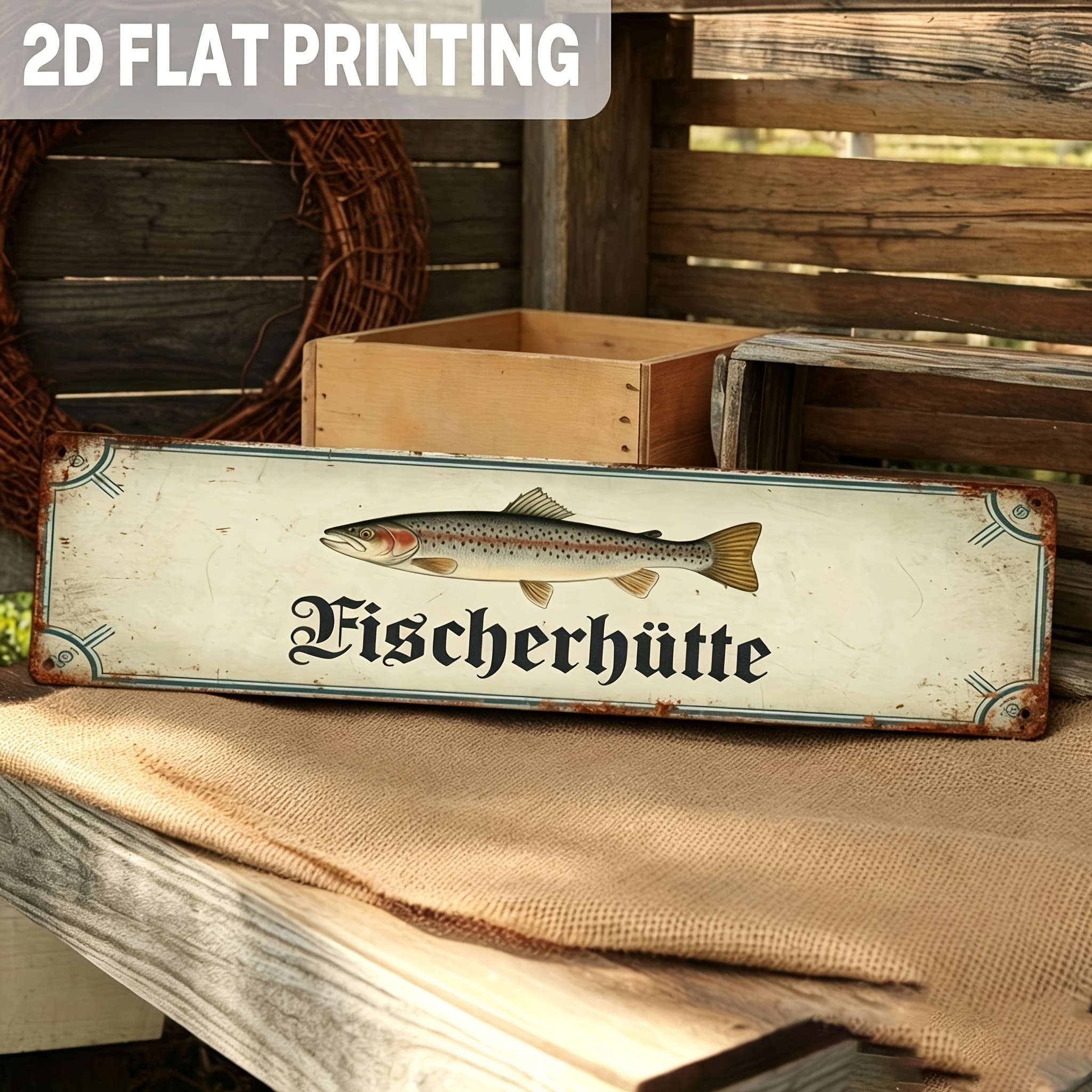 TEMU 2d Flat, 1pc, German, Vintage Fischerhütte Metal Sign, Fishing Theme, Wall Art For Home Bar, Cabin Decor, Lake House, Man Cave, Father's Day,