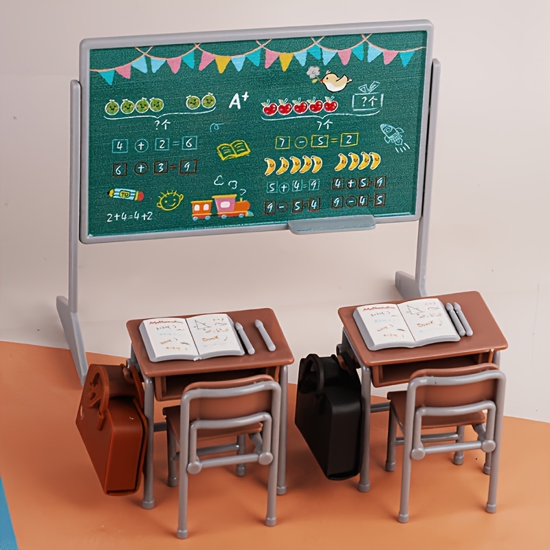 15pcs Mini Classroom Desks & Blackboard Dollhouse Model Set