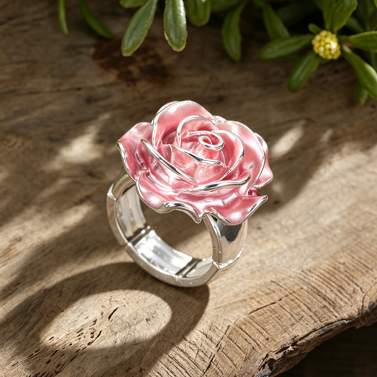 Women's 2pcs Vintage 3D Enamel Rose Flower Statement Ring Set