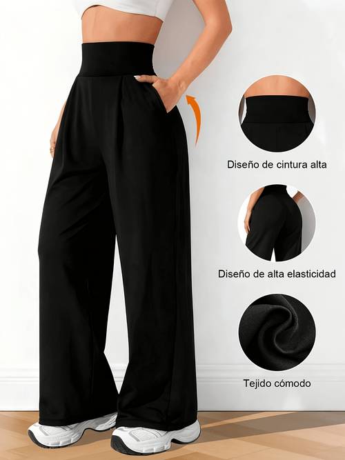 womens high waist solid color loose wide leg yoga pants with side pockets casual joggers for daily wear autumn fashionable solid color loose wide leg pants elegant and minimalist spring