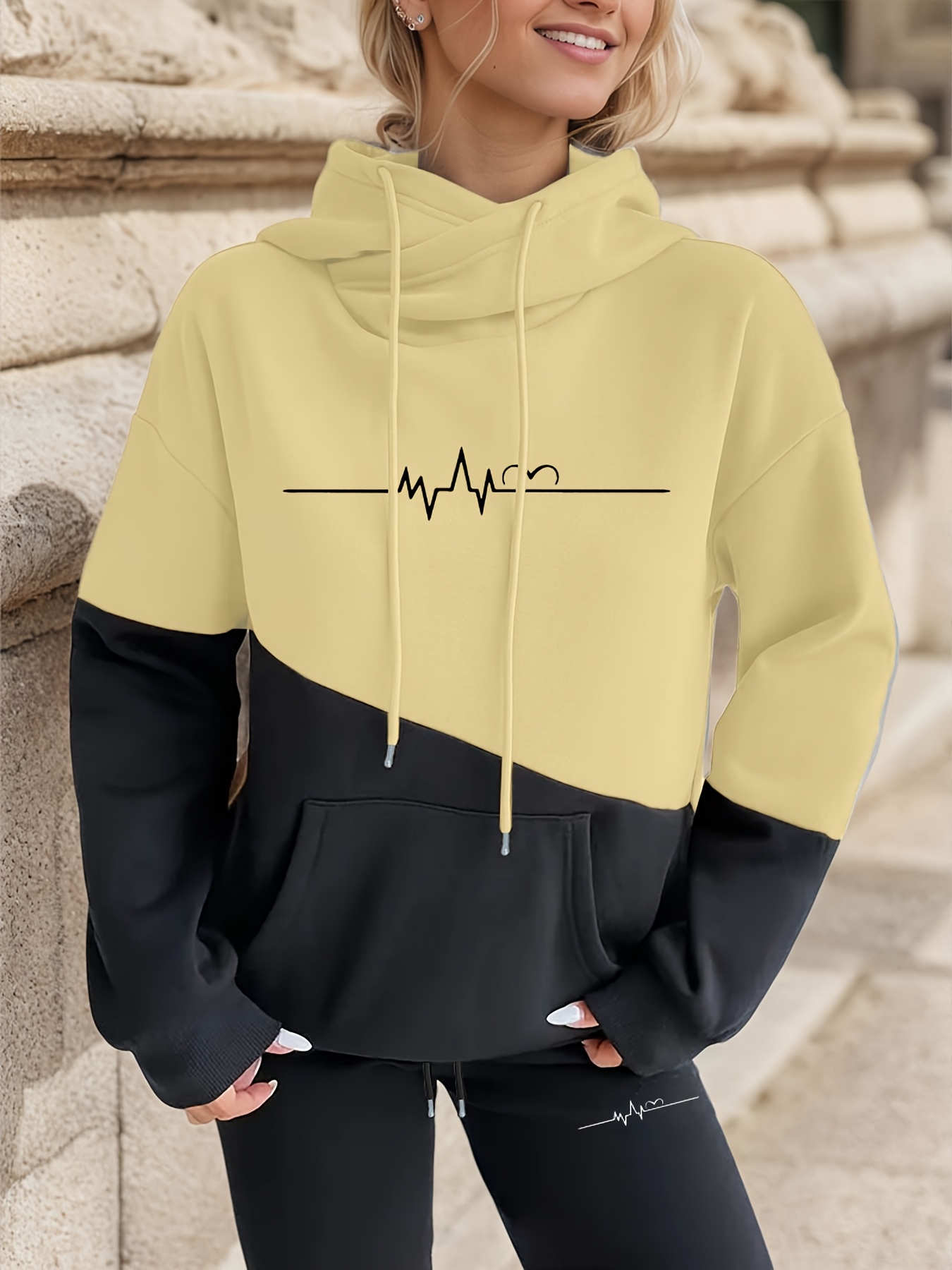 Survêtement Jogging Femme 2 Pièces Ensemble Chic Imprimé Heartbeat - Sweat à Capuche Et Pantalon