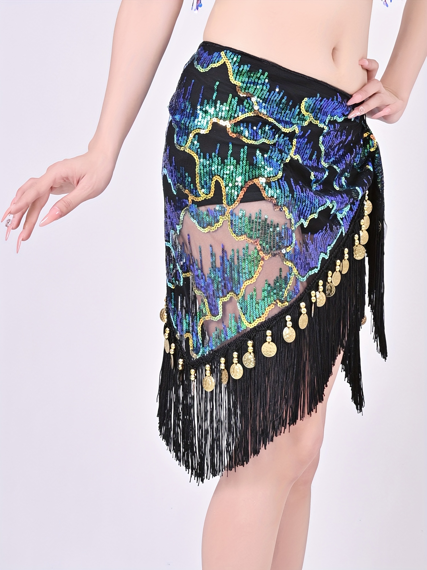 Women's Belly Dance Hip Scarf Sequined Mesh Triangle Wrap Skirt