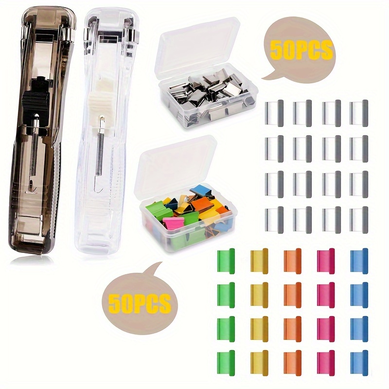 

Acrylic Push Clip Stapler Set With 50 Silver And 50 Colorful Refill Clips - Transparent Stapler With Storage Case