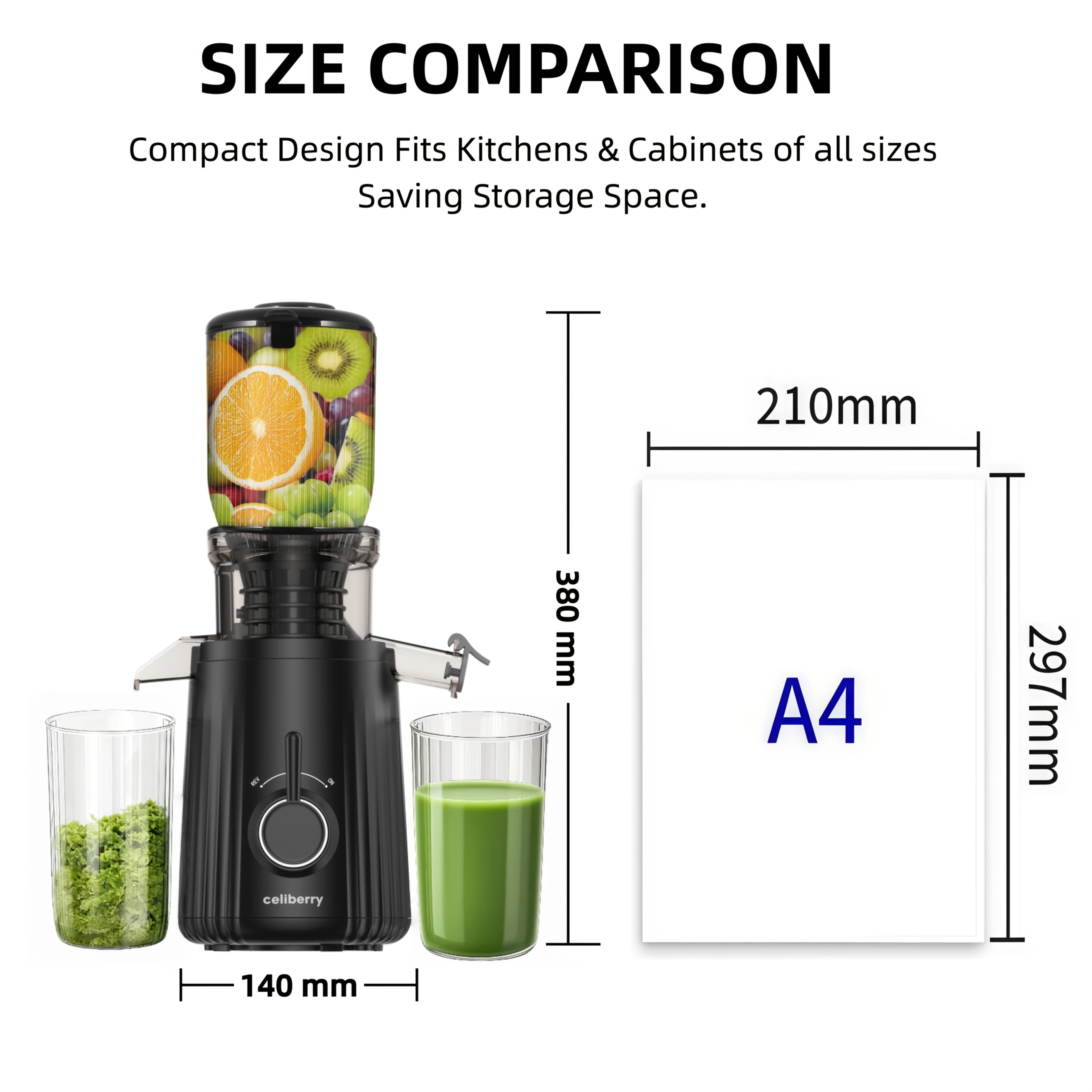 Celiberry Slow-Speed Masticating Juicer with 4.25-Inch Wide Feed Chute, Quiet Operation, Easy to Clean, Multiple Colors Available