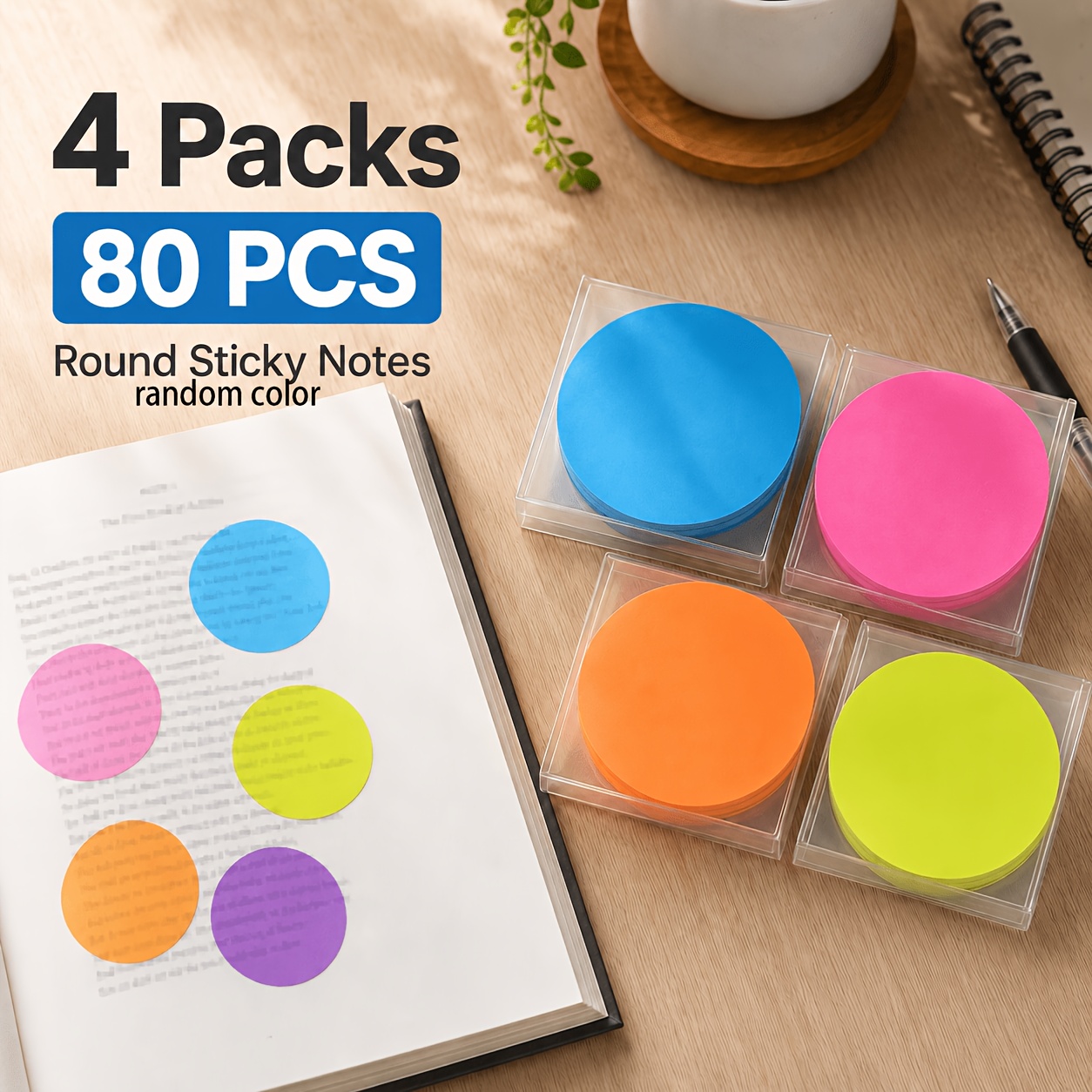 TEMU 80pcs Transparent Random Color Sticky Notes, Colorful Cute Round Transparent Memo Pads, Semi-transparent Bookmark Page Clip Stickers, Journal