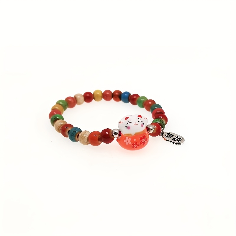 Ceramic Cat Charm Bracelet with Colorful Beads - Festive Accessory