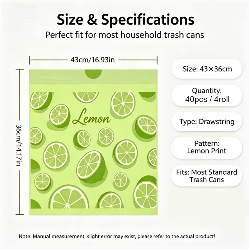 TEMU 4 Rolls/40pcs Drawstring Cleaning Plastic Bags, Fresh Fruit Print Design, Daily Household Essential Trash Bags, Daily Necessities And Cleaning