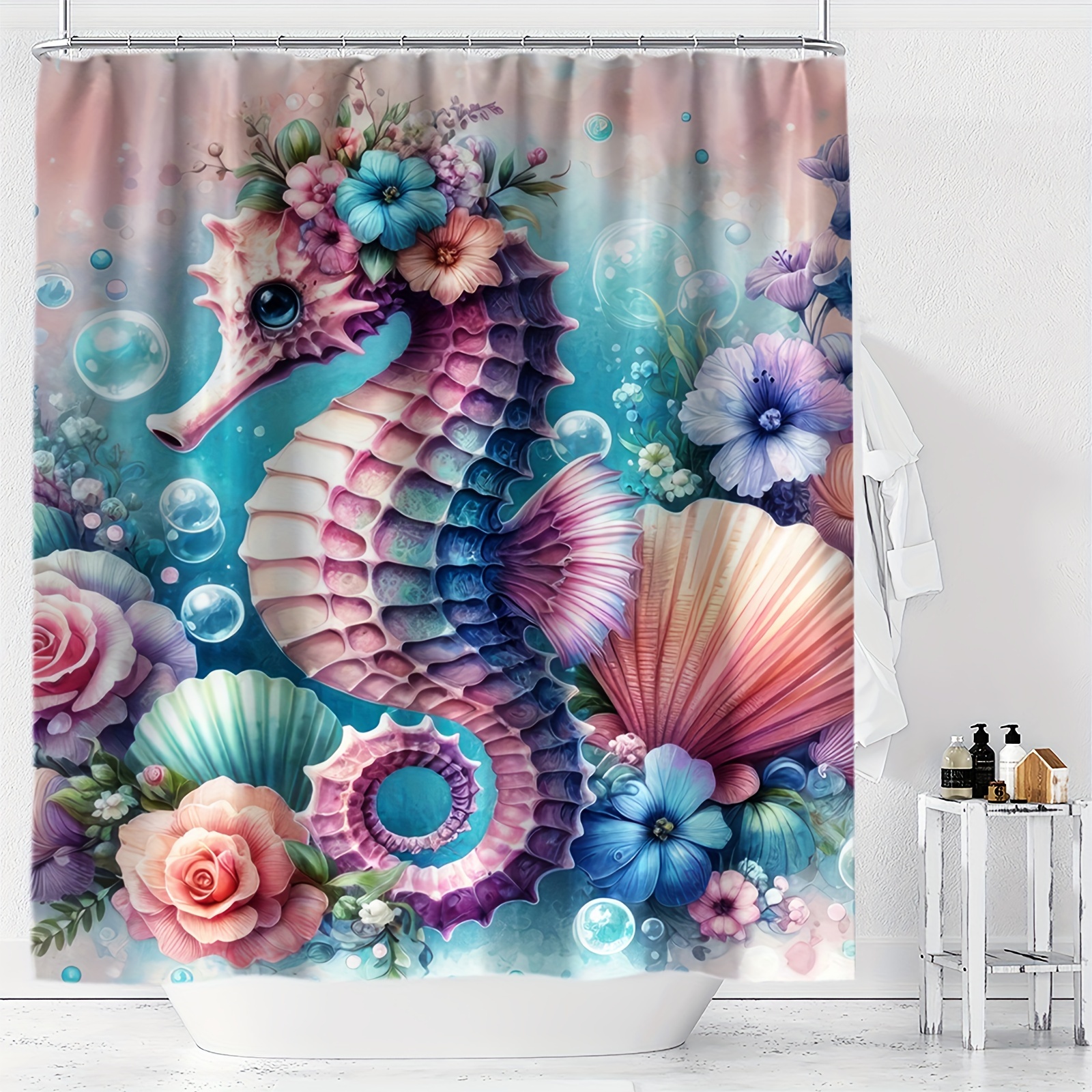 

Waterproof Seahorse & Floral Print Shower Curtain With Hooks - Machine Washable, Polyester, All-season Bathroom Decor