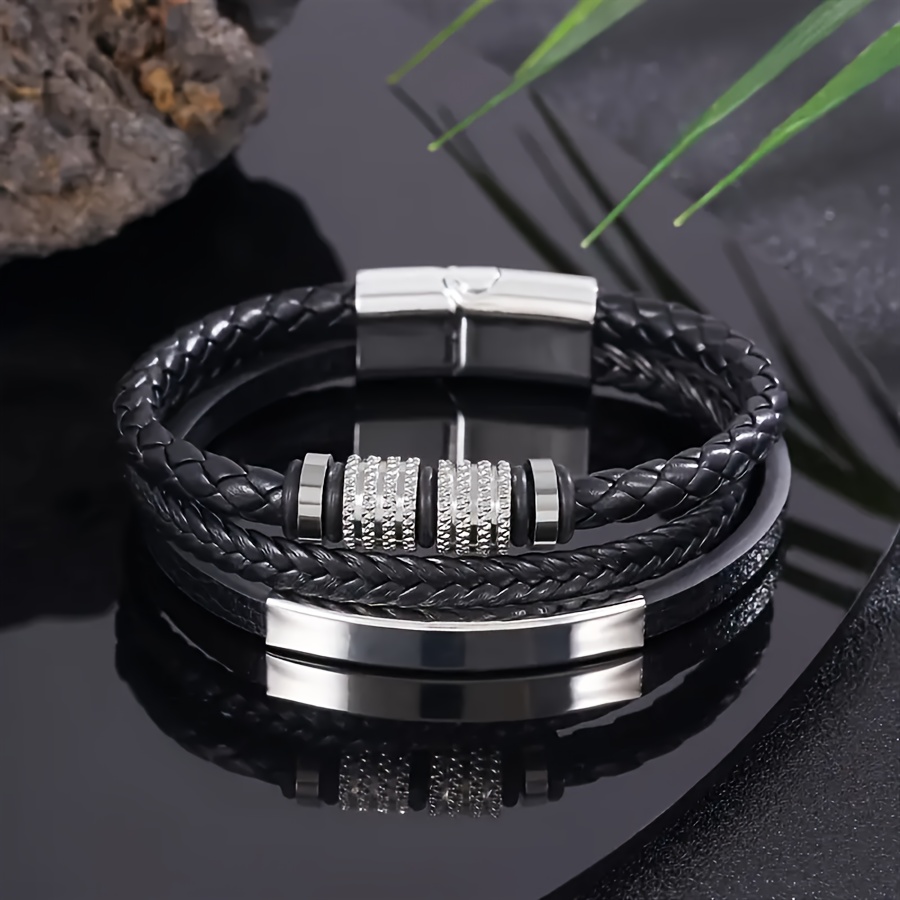 TEMU Elegant Multi-layer Braided Pu Leather Men's Bracelet With White K Plated Clasp, Magnetic Closure - 1pc
