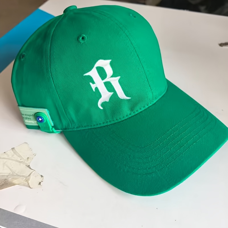 TEMU Casquette de baseball brodée avec lettre R gothique, casquette turquoise ajustable décontractée avec boucle verte unique, casquette de baseball