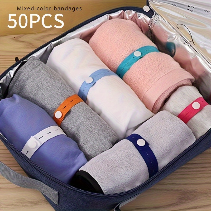 

50pcs, Sorting Bundling Elastic Bands With Button Closure, Roll-up Adjustable Clothing Storage Strap With Button, Luggage Space Saver, Drawer & Closet Organizer, Bed Sheet Organizer Bands