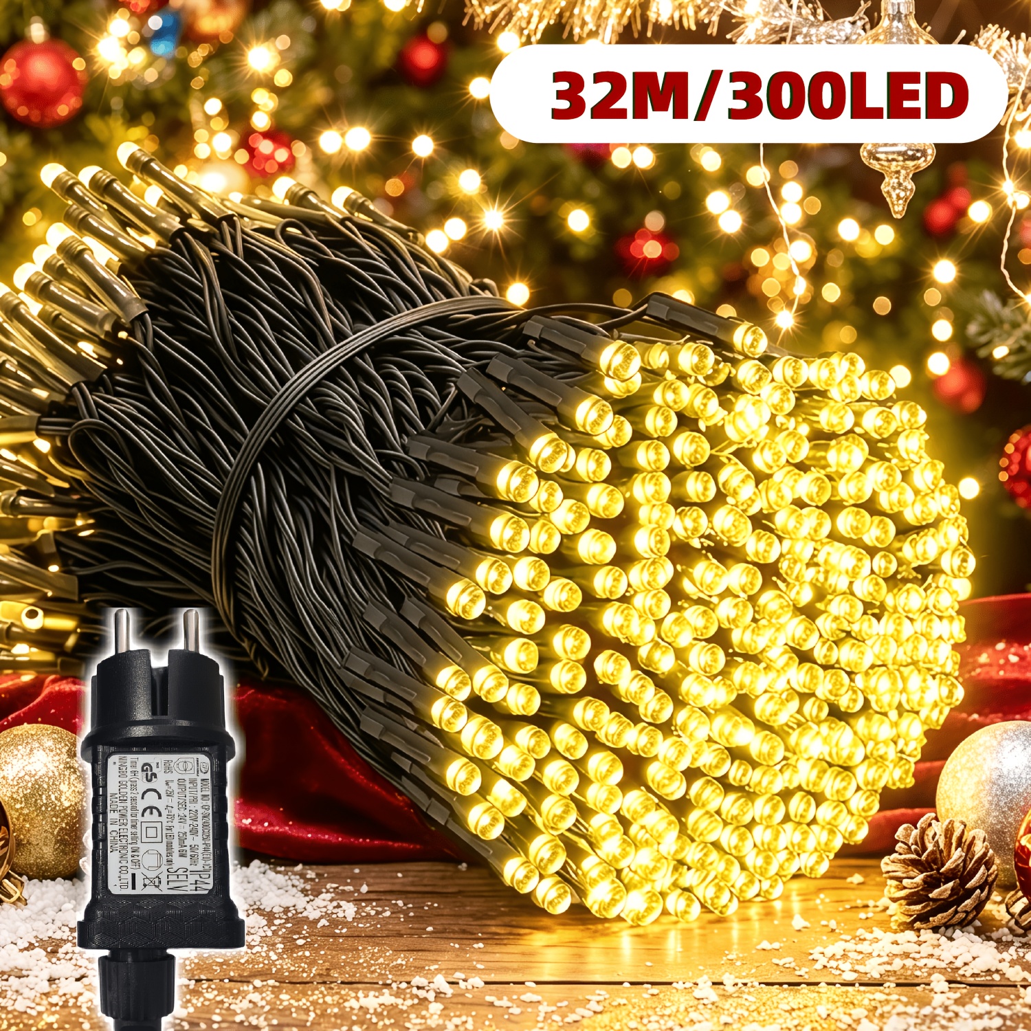 TEMU 1pc 32/22/12m Christmas Fairy String Lights, 300/200/100led Tale Light Strings, Button To Switch 8 Lighting , With Timer And Memory Function,