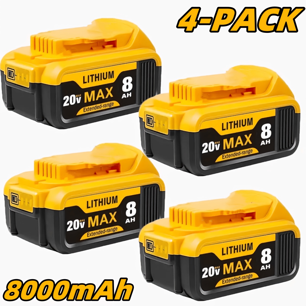 20V 8.0Ah Lithium-Ion Replacement Battery Pack for Dewalt Cordless Tools, Compatible with DCB200 Series, Available in 2, 4, or 6-Pack