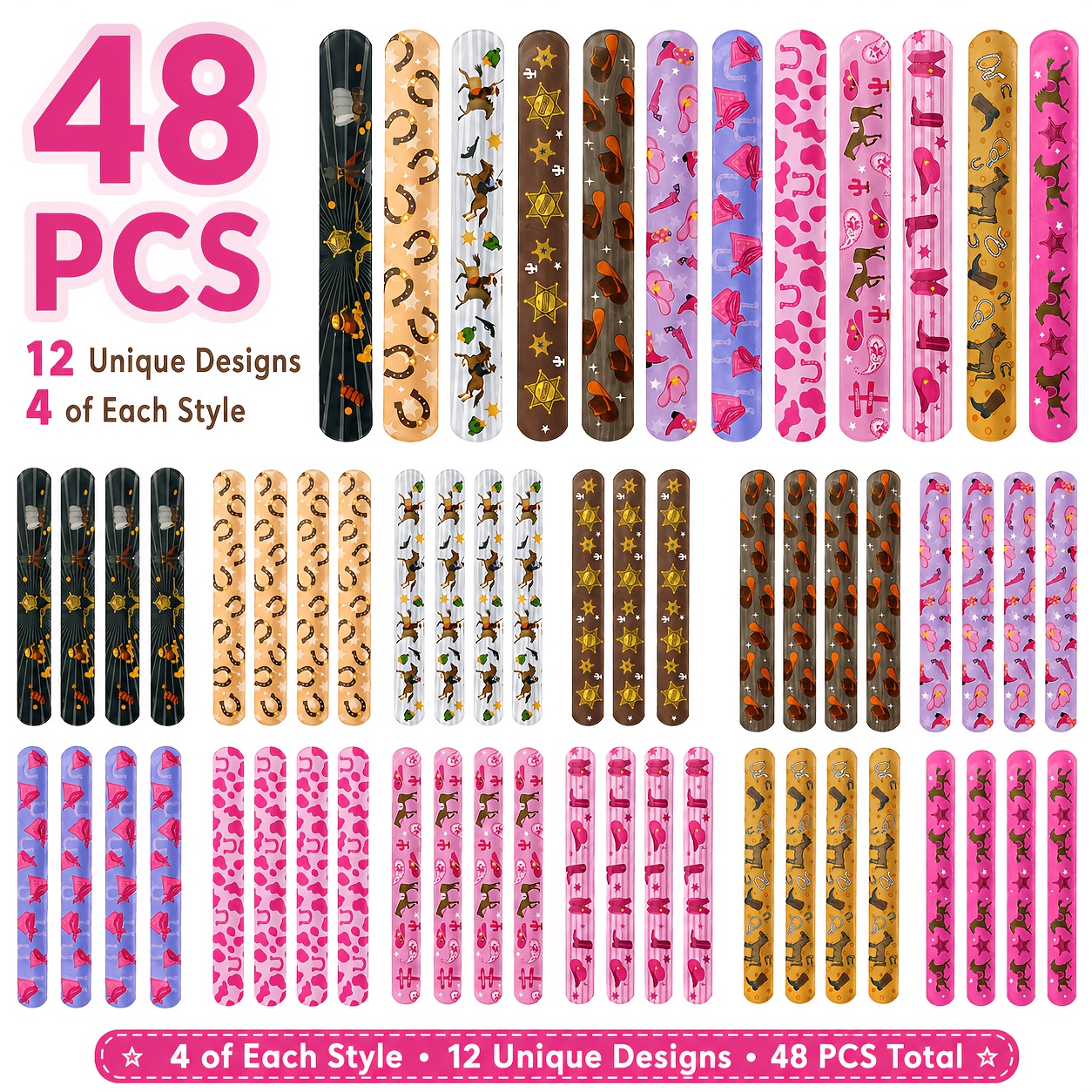 TEMU Gift For Her/him 48pcs Western Slap Bands For Kids, 12 Unique Cowboy And Cowgirl Designs, 4 Style, Snap Bands Bulk For Birthday Party Favors,
