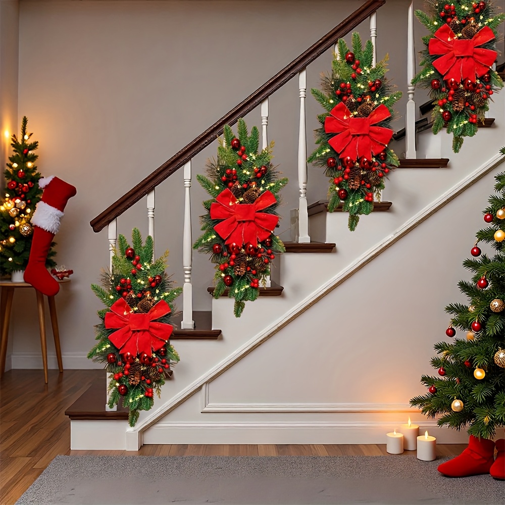 2-Pack 24-Inch Christmas Wreaths, Suitable for Doors, Stairs, Home Decor, Festive Christmas Wreaths (Red, Classic Style), Stair Hanging Wreaths, Christmas Ornaments