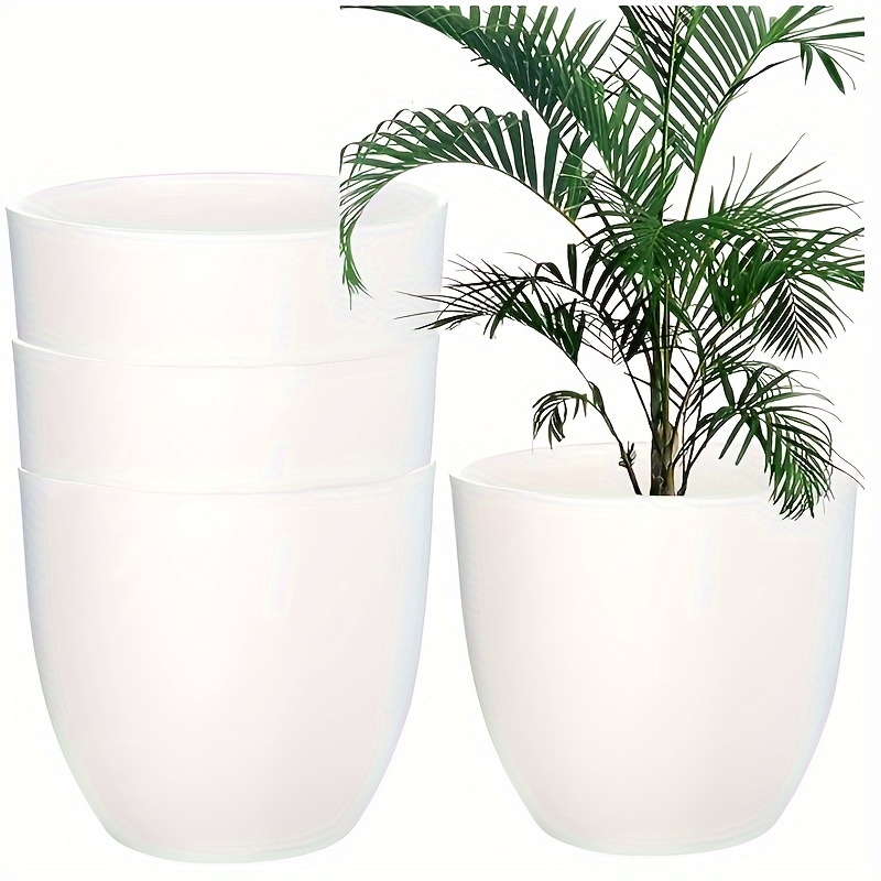 

4 Packs, Modern Plastic Plant Pots, 8.7 Inch, White, Round Decorative Flower Pots With Drainage And Textured Design, Indoor Outdoor Home Garden Planters