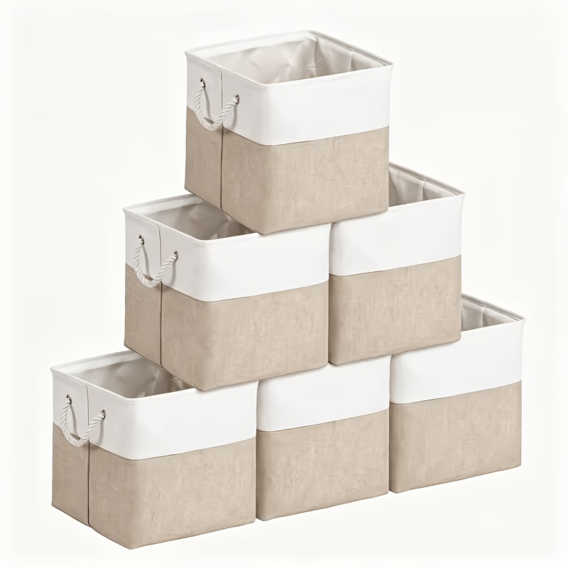 TEMU 6-pack Foldable Fabric Storage Bins, 11x11x11 Inch Large Cube Organizers With Rope Handles, White And Beige Durable , Stackable Space-saving