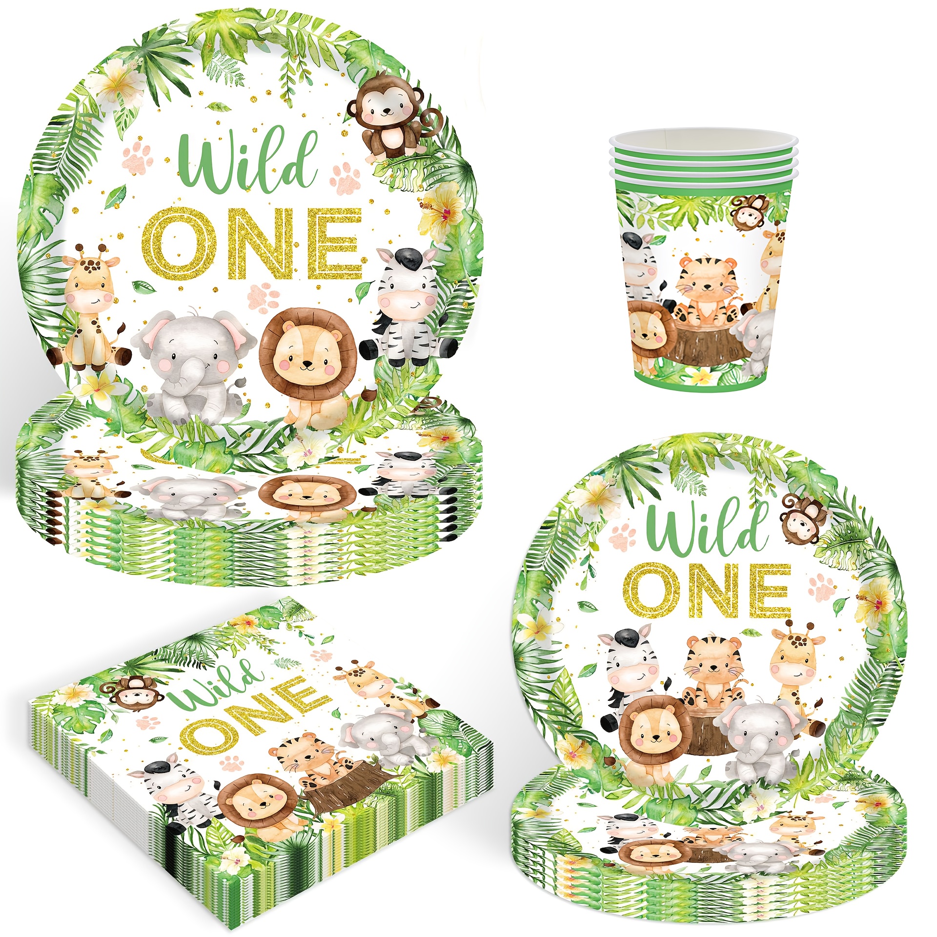 

Jungle Safari Wild 1 Party Supplies: 80 Pieces Set Of Paper Plates, Cups, And Napkins For First Birthday Party Decorations