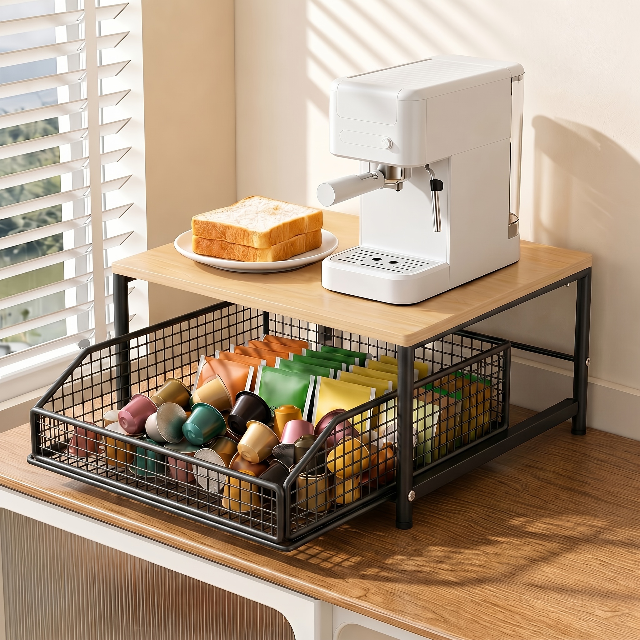 TEMU Space-saving Kitchen Countertop Organizer With Drawer & Wire Basket, Fully Detachable Hardwood And Metal Storage Shelf For Coffee Maker, Spices,