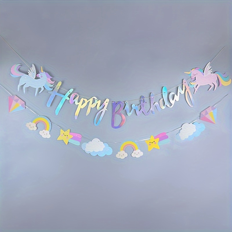 Image of 15pcs Cartoon Unicorn 1pc Letter Banner For Birthday Party Decoration, Colorful Pennant Banner For Backdrop Wall Decor
