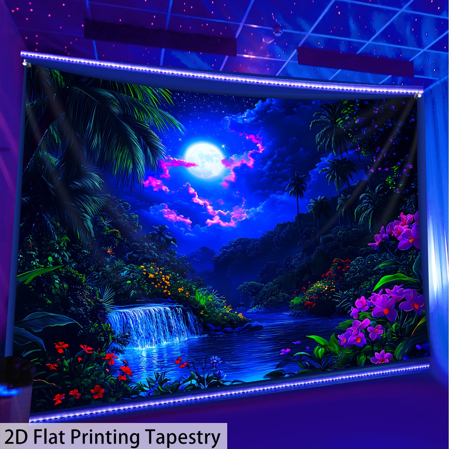TEMU 2d Flat, 2d Flat Printing Tapestry - 1pc Night Flowers - Glow In The Uv Light Tapestry, Large Scale Fluorescent Printed Tapestry, Suitable For