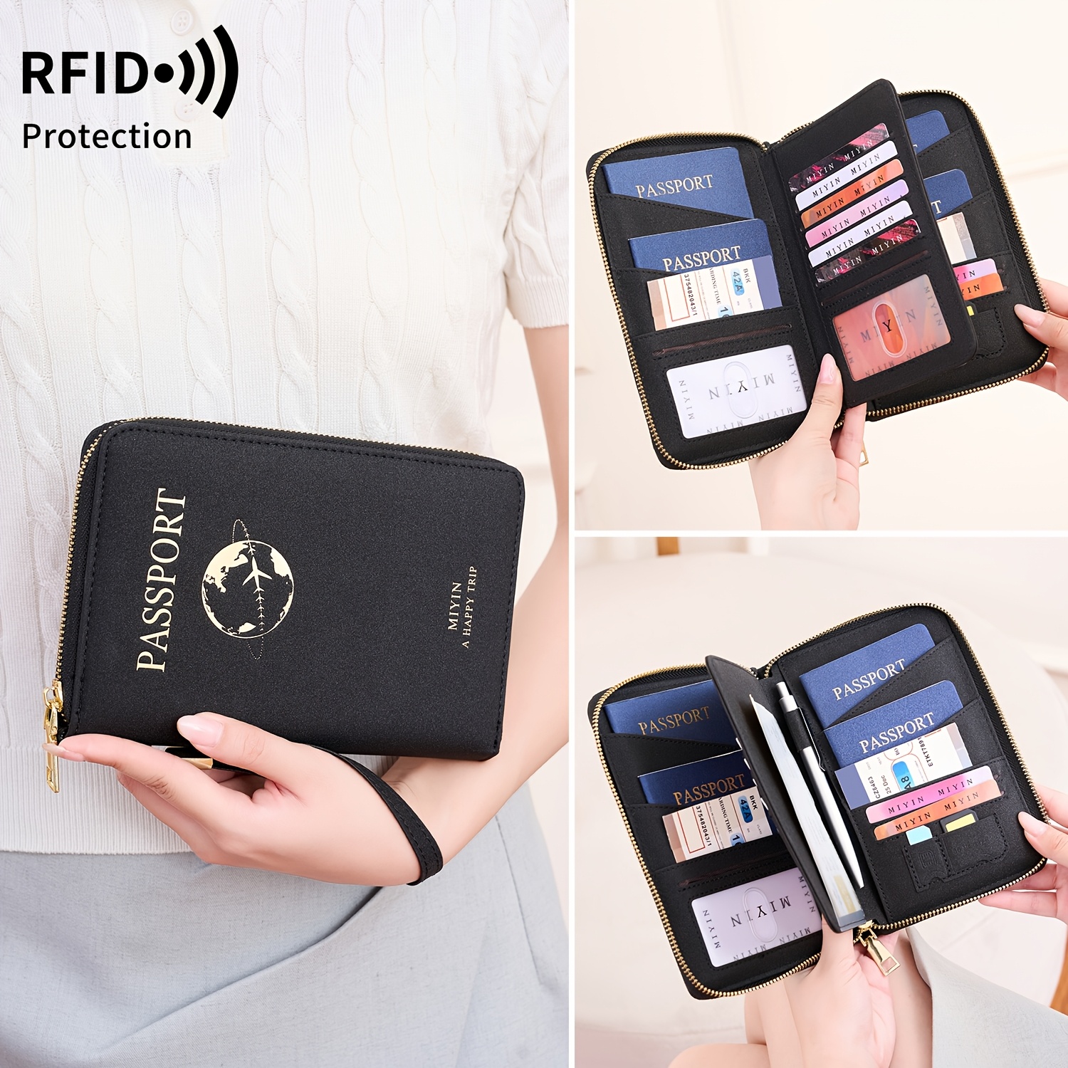 TEMU Rfid Blocking Passport Holder Wallet With Hidden Airtag Pocket, Pu Large Capacity Zipper Travel Document Organizer Ladies' Id Card Holder With