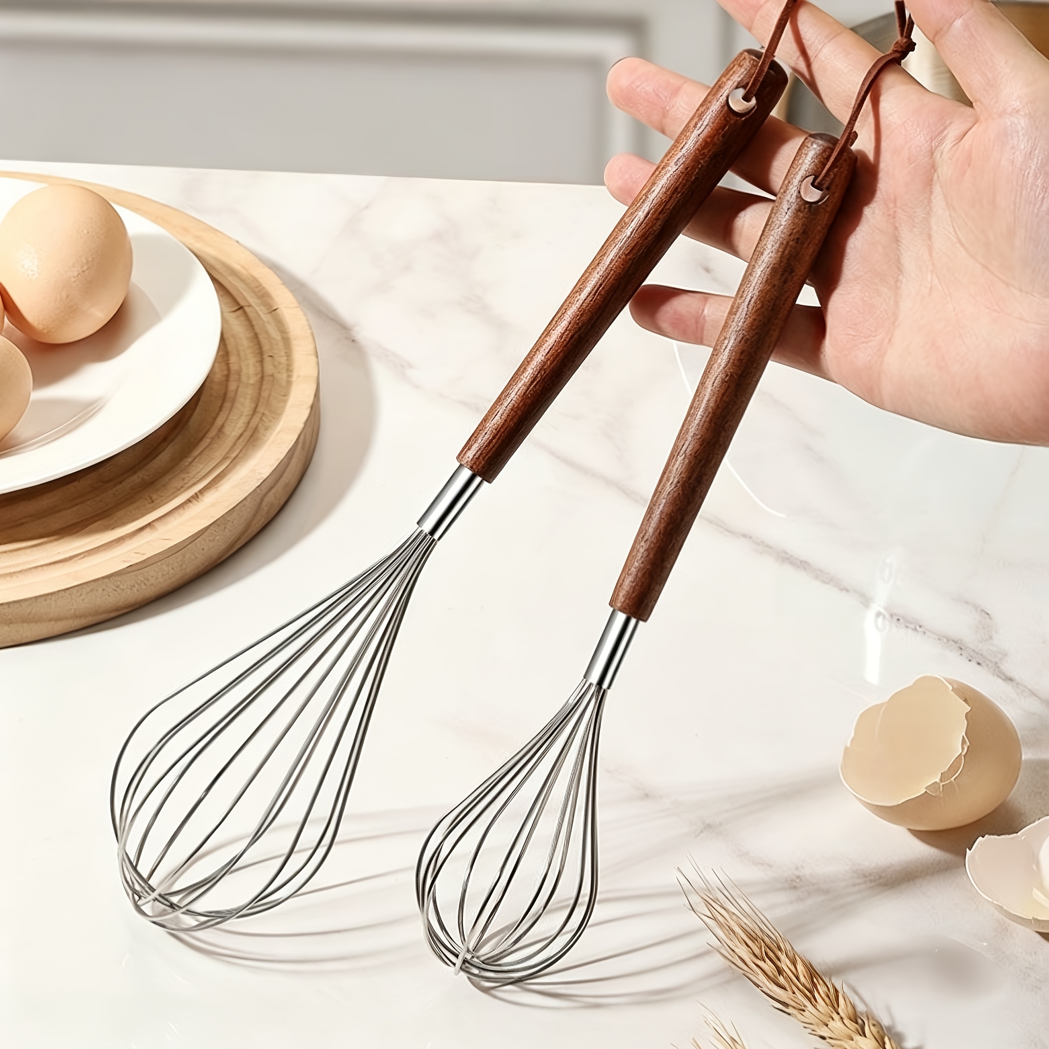 TEMU 2pcs Set, Large/small Size, High-quality Food-grade 304 Stainless Steel Egg Whisk With Wooden Handle, Manual Wooden Mixer For Home Use, Baking