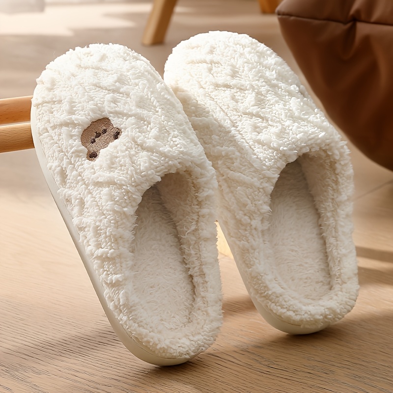 Cartoon Knit-look Bear Print Plush Slippers, Warm -lined Non-slip Unisex Couple Home Bedroom Slippers