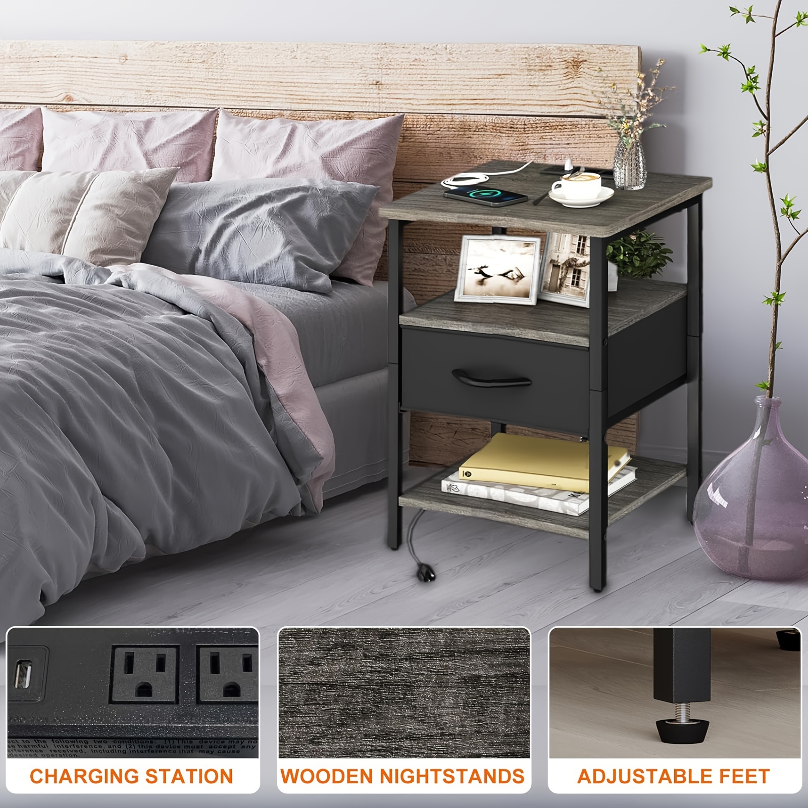 

2pcs With Charger Station, Nightstand Bed Side Table With Adjustable Fabric Drawer, 3-tier Storage End Table For Living Room, Bedroom, Storage Space, Movable And For Grey/rustic Brown 23.6x15.7x11.8in