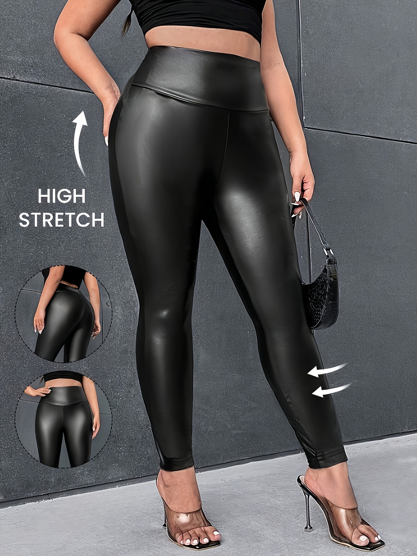 Women's Black Polyester Leggings | High-Waist, Stretchy & Comfortable | Sleek Glossy Finish | Machine Washable | Casual Style with Side Pockets | All-Season Versatile Fashion Essential, High Waisted Leggings