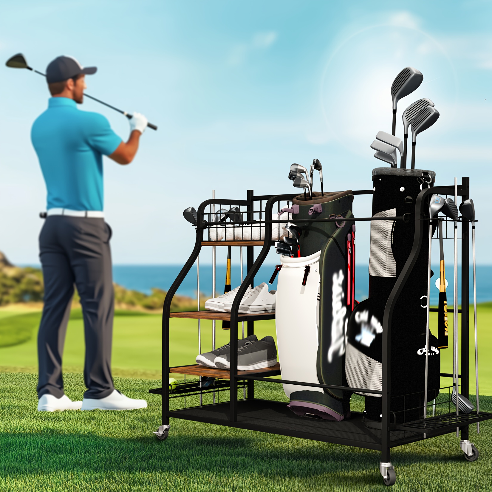 TEMU Organizer For Storing Golf Bags , Featuring A Stand For Golf Clubs With A Wooden Shelf And Lockable Wheels, Designed To Hold 2 To 3 Golf Bags