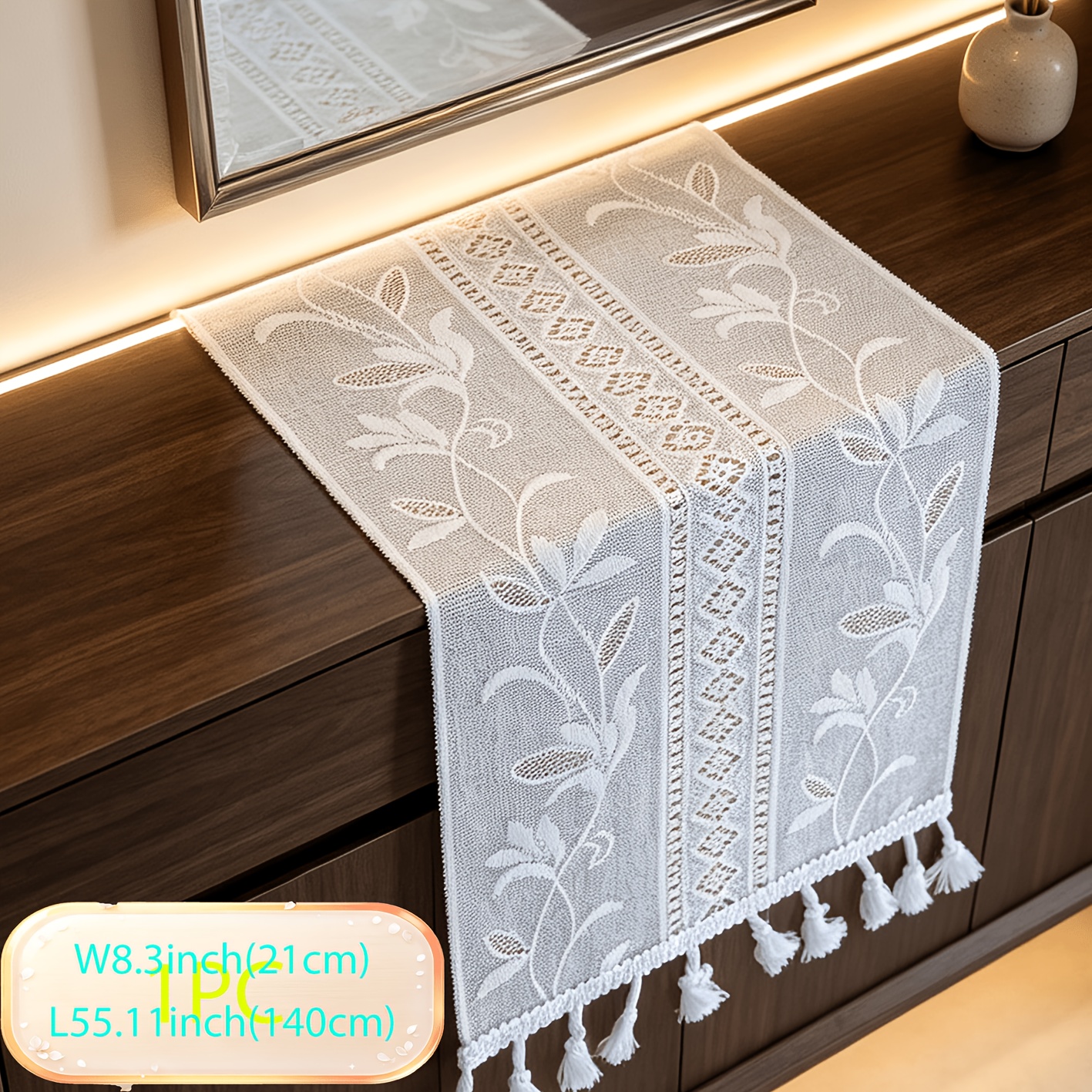 TEMU 1pc Hollow Lace Fringe Table Runner, Versatile In Style, Used As A Decorative Craft For Tables/cabinets/coffee Tables, Simple, Elegant, And