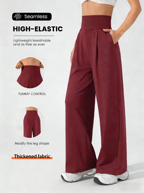 womens solid high waist pleated pocket wide leg pants elastic high waist tummy control wear